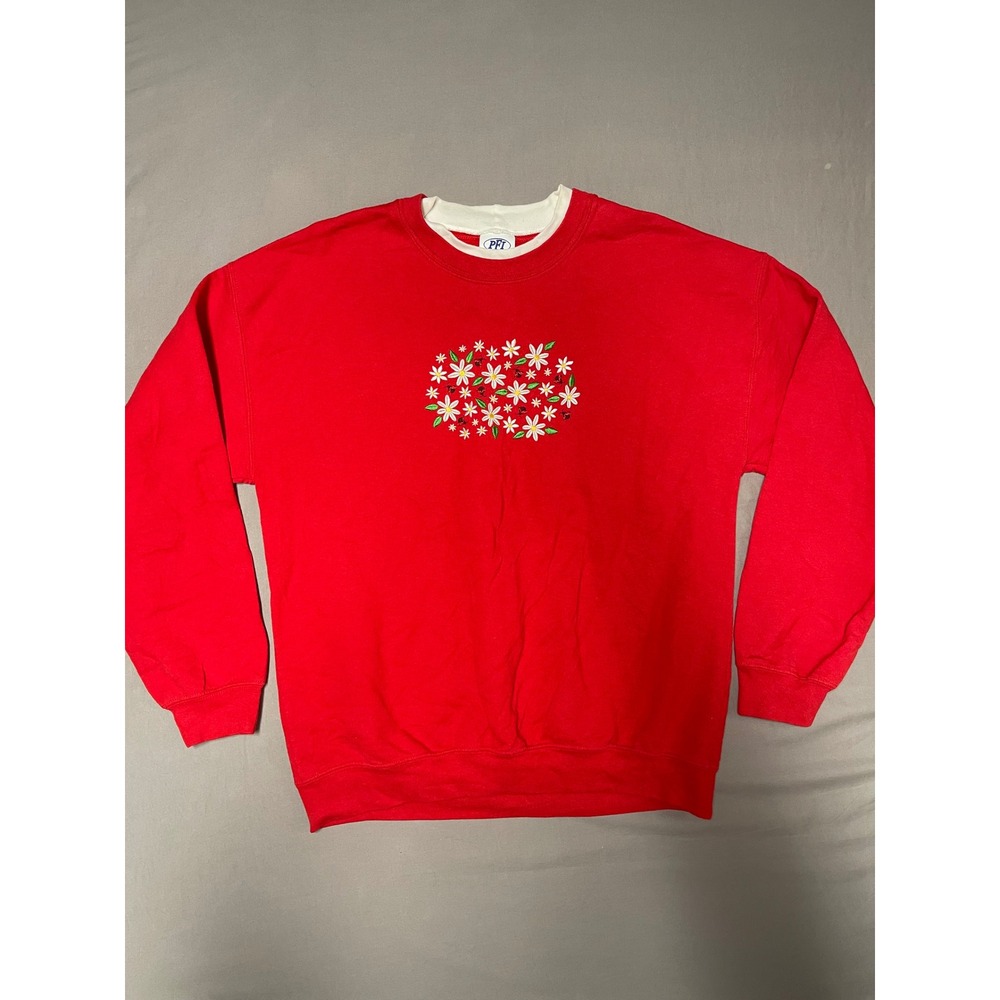 PFI Fashions Red Embroidered Floral Ladybug Double Neck Sweatshirt Womens Large